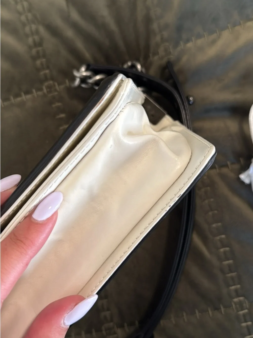 CHANEL Black and White Leather Chain Le Boy Bag